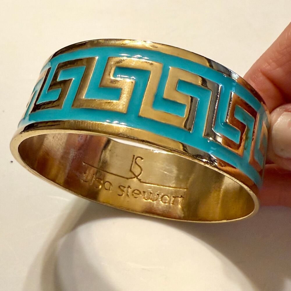 🎉HP!🎉 Lisa Stewart Greek Key Turquoise & Gold Bangle Bracelet - Picture 7 of 9